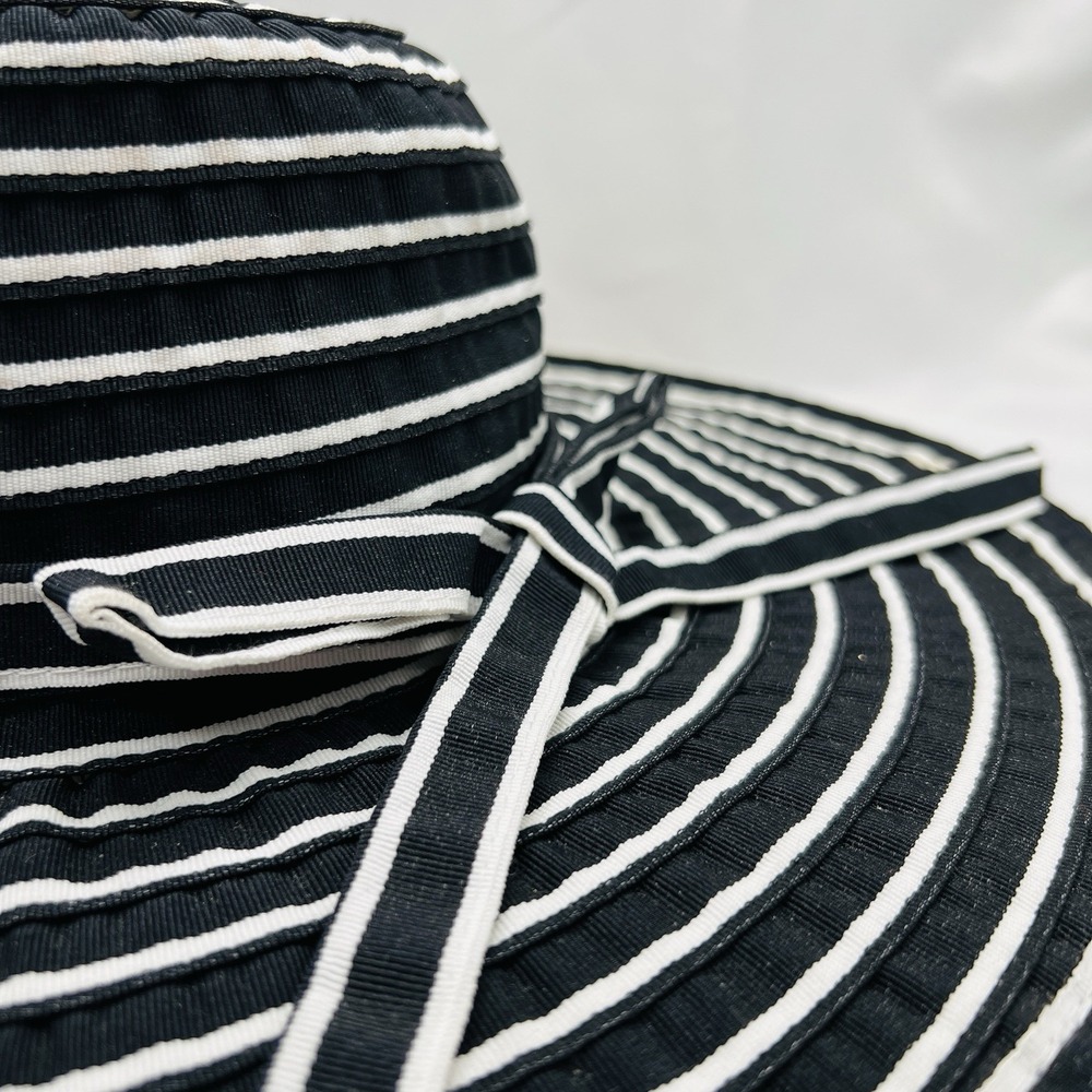 Great Northwest Black White Striped Sun Hat Wide Brim Ribbon Bow Floppy Classic